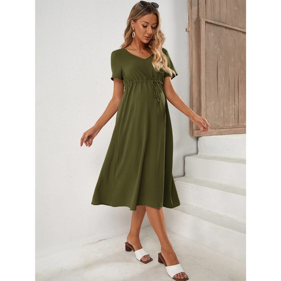 Maternity Drawstring Waist short sleeve midi Dress black - Picture 6 of 11